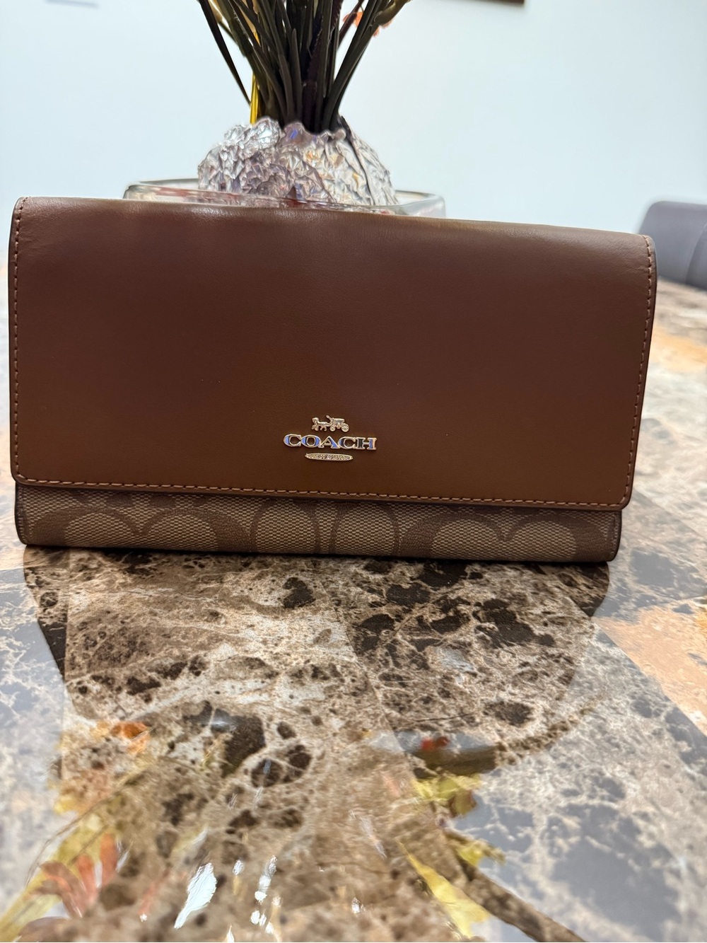 Coach Brown Leather and Signature Canvas Continental Wallet